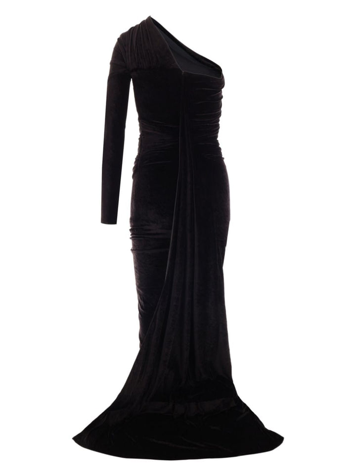 Black one-shoulder evening gown on a white background