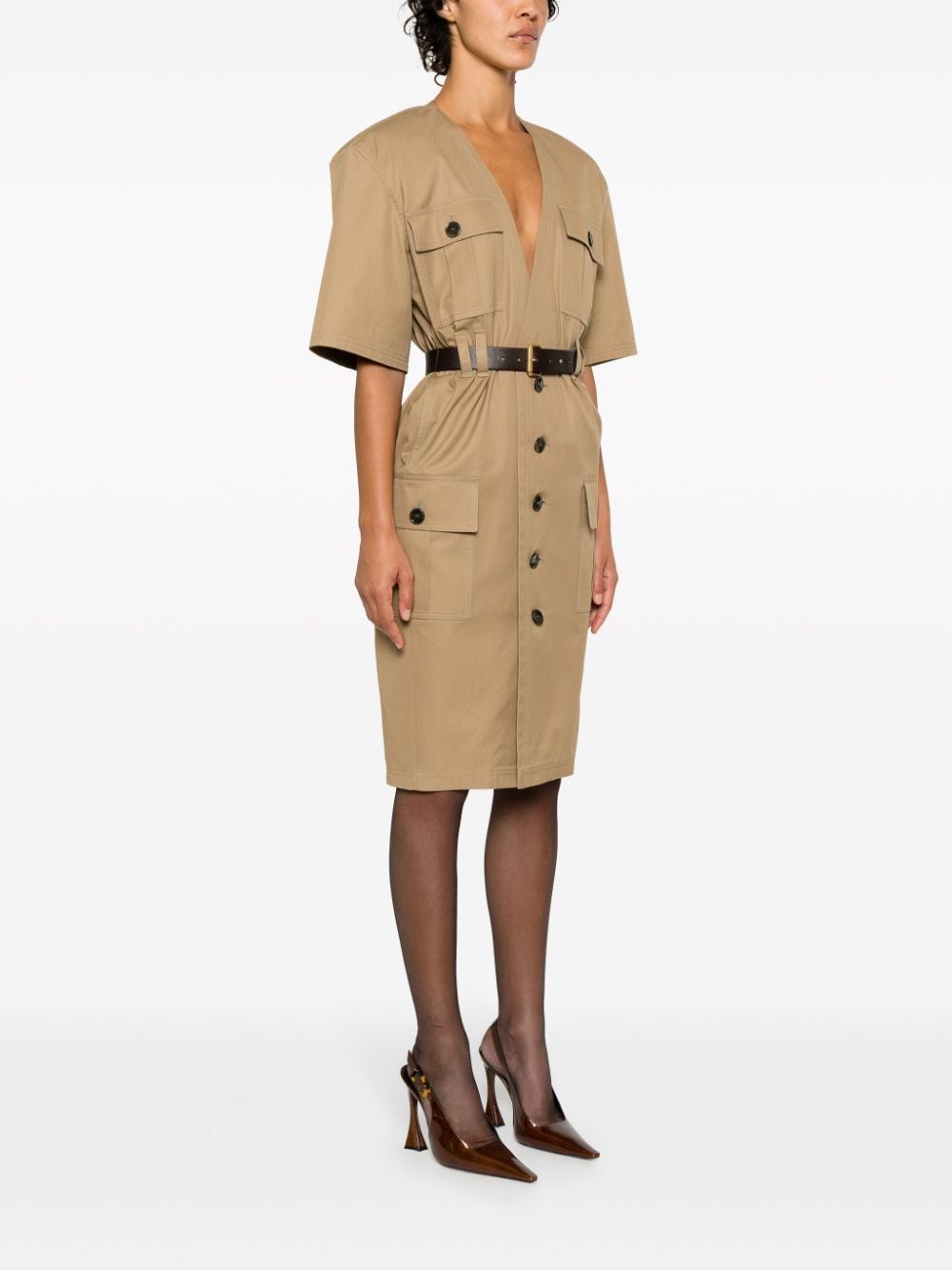 Saint Laurent Beige Cotton V-Neck Button-Down Dress