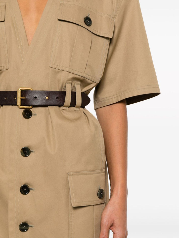 Saint Laurent Beige Cotton V-Neck Button-Down Dress