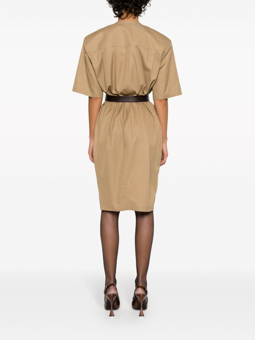 Saint Laurent Beige Cotton V-Neck Button-Down Dress