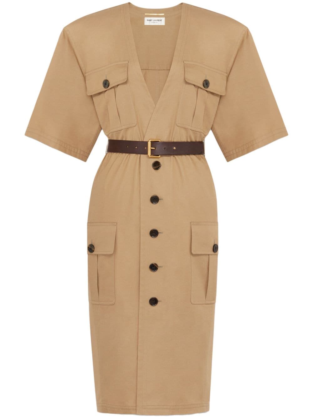 Saint Laurent Beige Cotton V-Neck Button-Down Dress