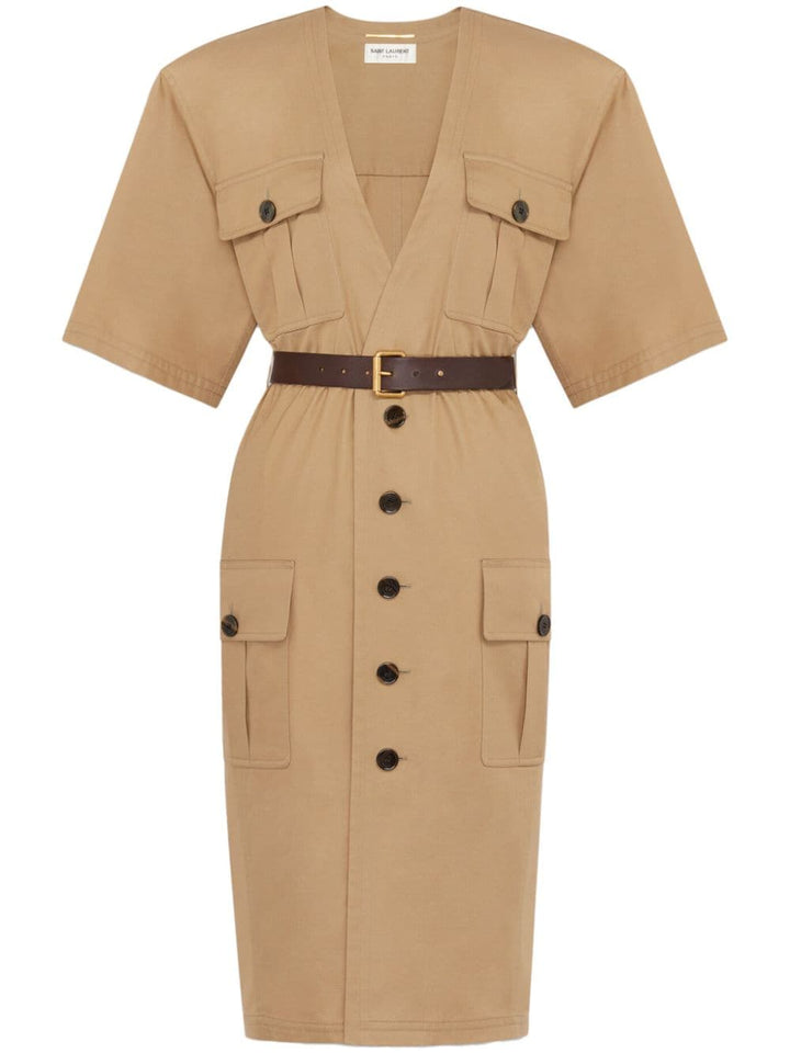Saint Laurent Beige Cotton V-Neck Button-Down Dress