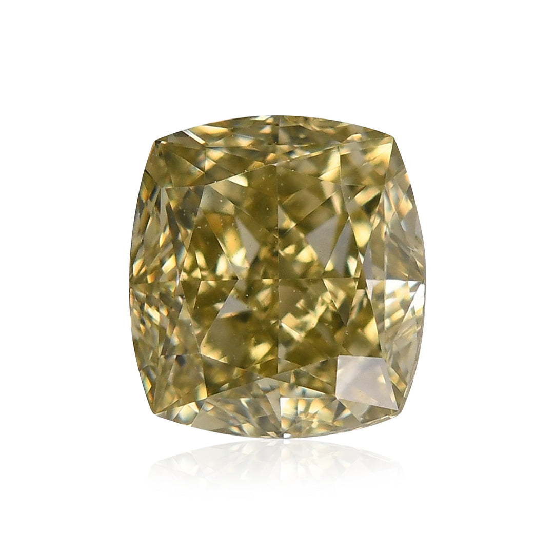 A cushion-shaped fancy brownish greenish yellow diamond with a visible olive color face.
