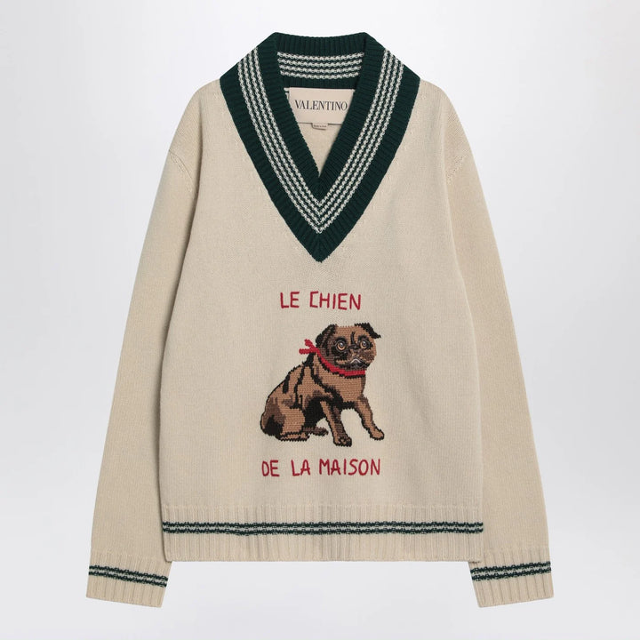 Valentino - Butter-coloured sweater with Le Chien de la Maison embroidery