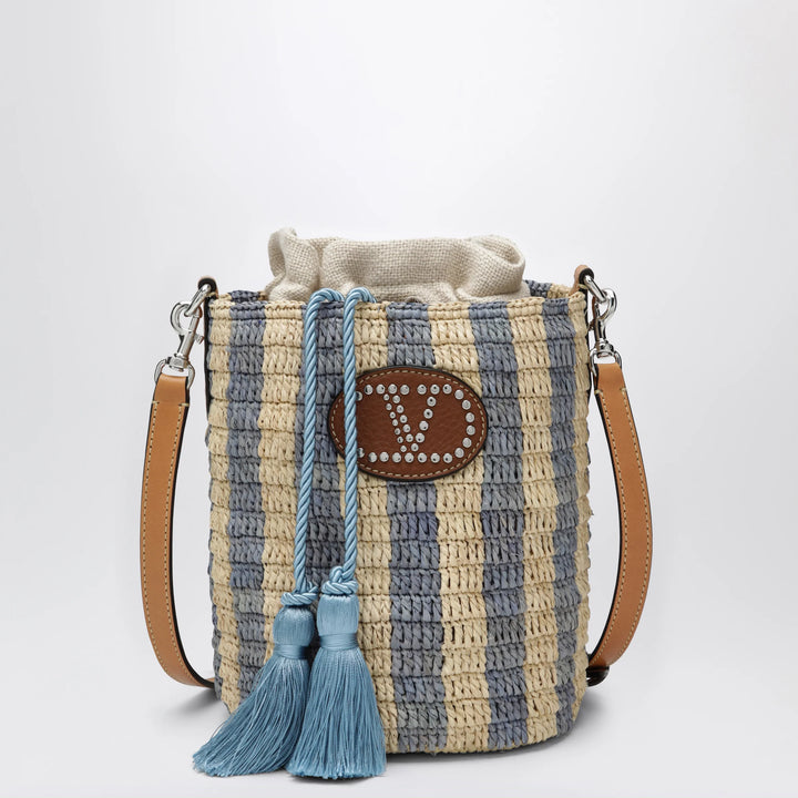 Valentino Garavani - Small bucket bag in raffia with beige and light blue stripes