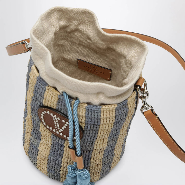Valentino Garavani - Small bucket bag in raffia with beige and light blue stripes