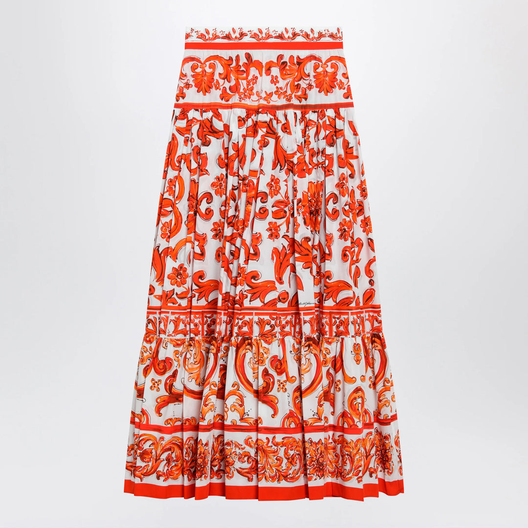 Dolce&amp;Gabbana - Long Maiolica-print cotton poplin skirt in orange