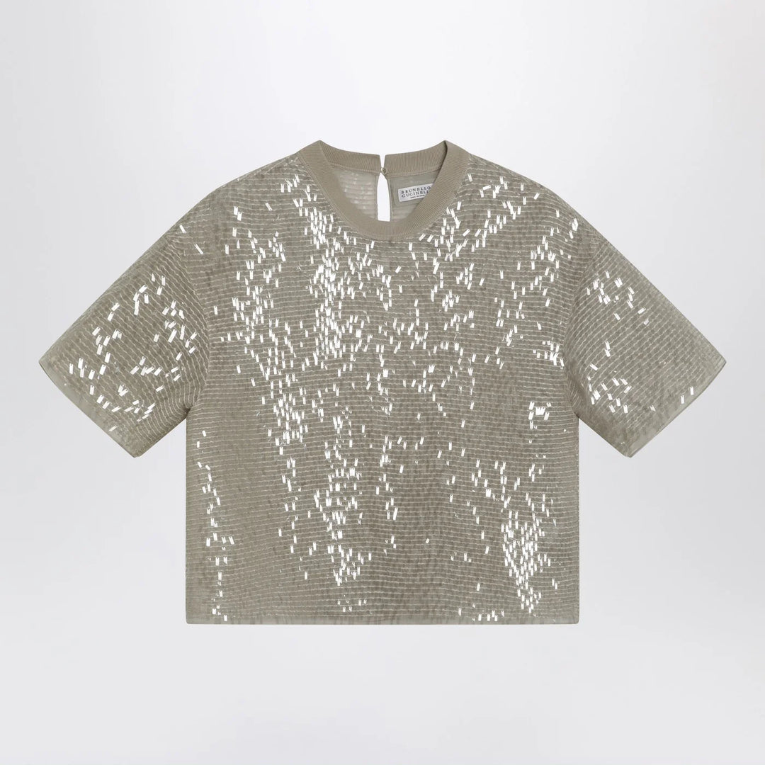 Brunello Cucinelli - Dazzling Cascade Embroidery T-shirt in Crispy silk