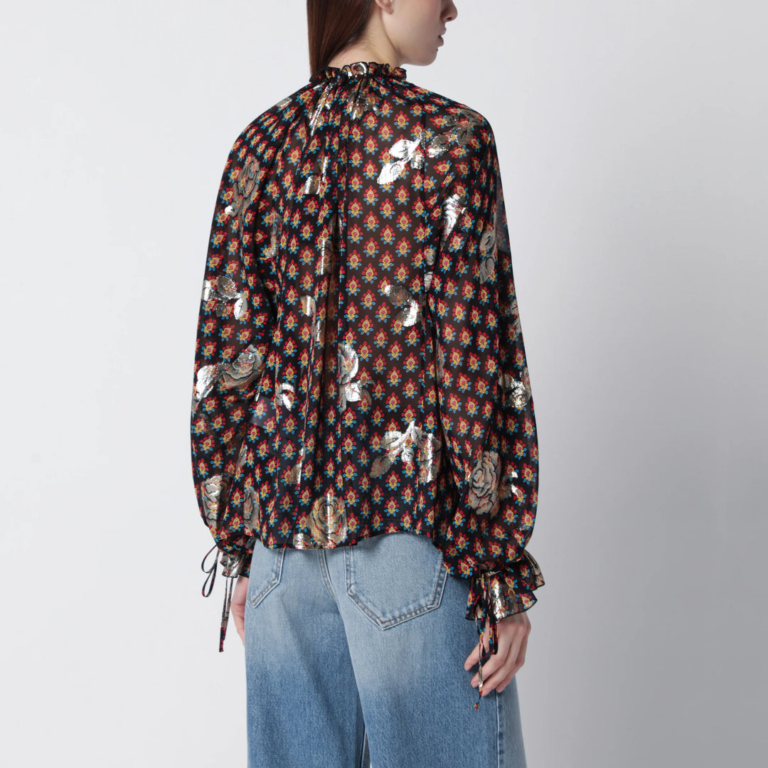 ETRO - Black silk shirt with fil coupé roses