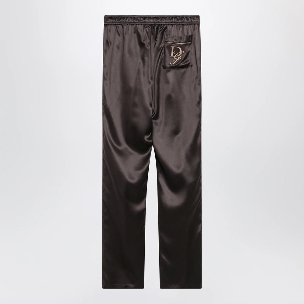Dolce&Gabbana - Silk pajama trousers with embroidered logo, brown/grey Brand Apparel & Accessories > Clothing > Pants 48 IT