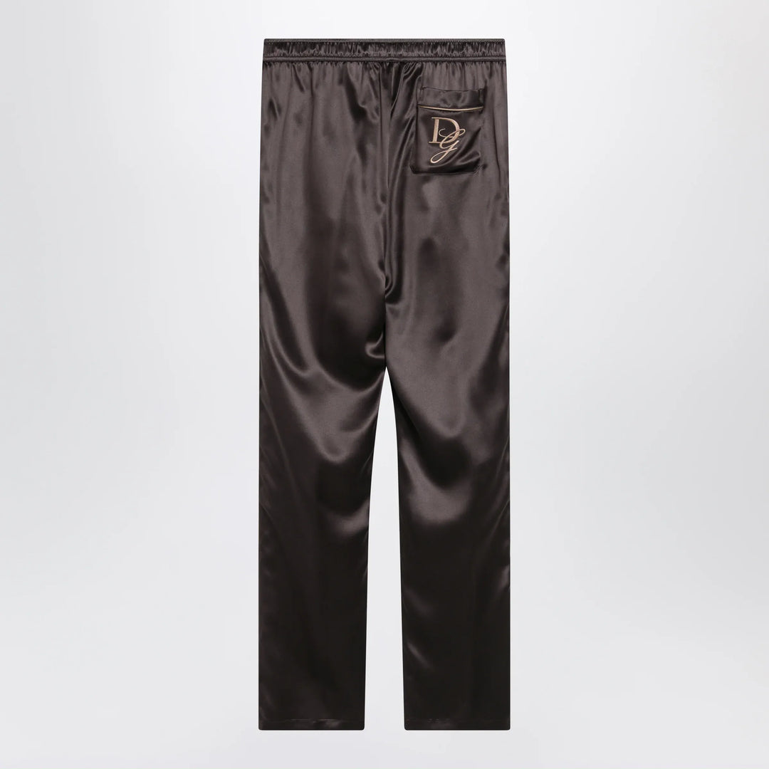 Dolce&amp;Gabbana - Silk pajama trousers with embroidered logo, brown/grey Brand Apparel &amp; Accessories > Clothing > Pants 48 IT
