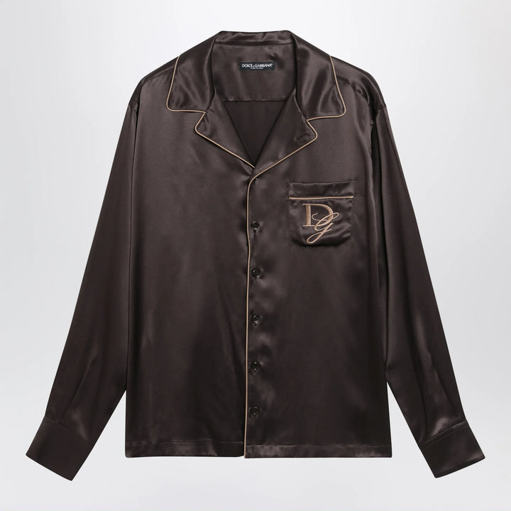 Dolce&amp;Gabbana - Vanity silk shirt with embroidered logo in brown/grey Brand Apparel &amp; Accessories > Clothing > Shirts &amp; Tops 40