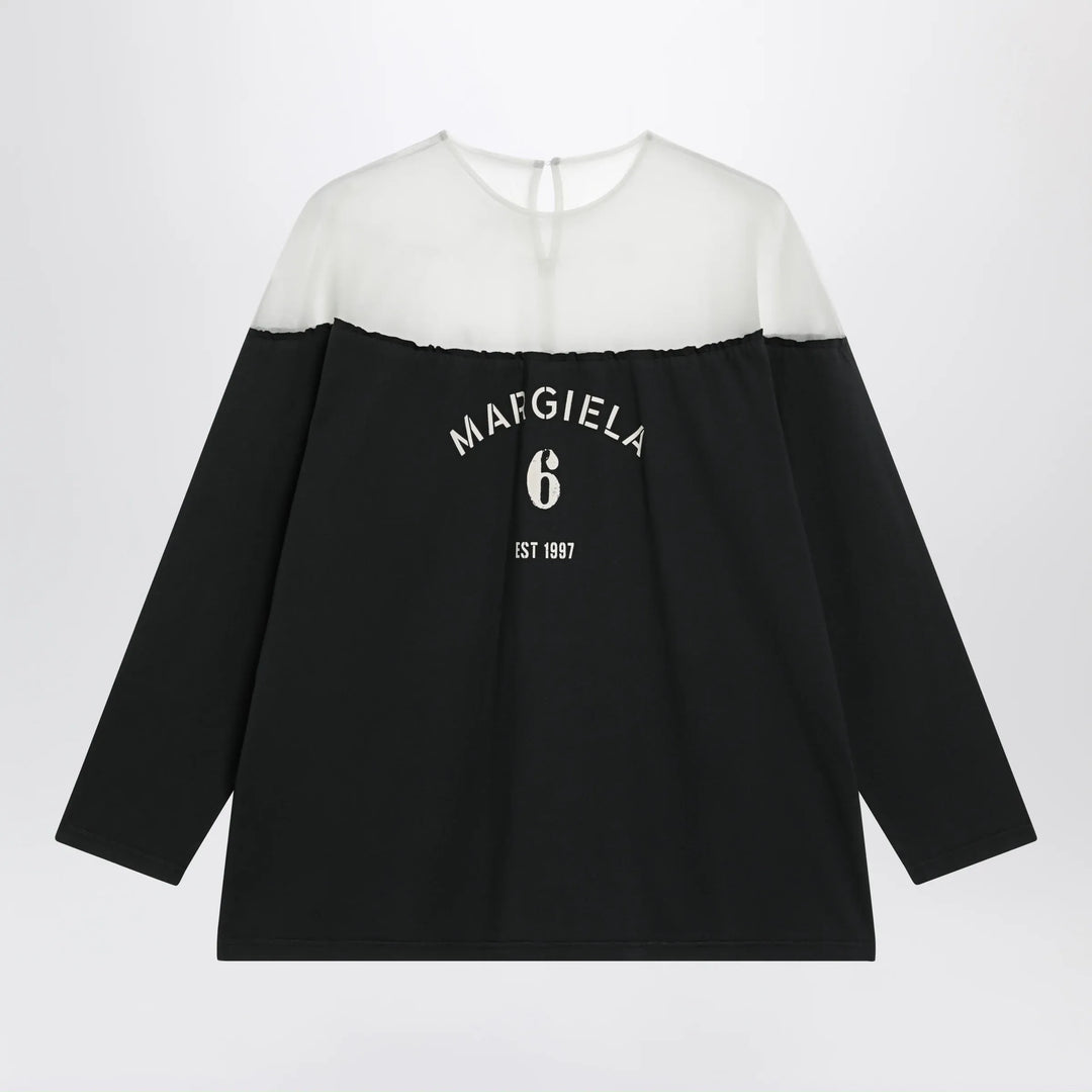 MM6 Maison Margiela - Black top with logo print and sheer insert Brand Apparel & Accessories > Clothing > Shirts & Tops XS