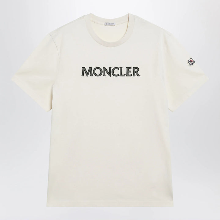 Moncler - Ivory T-shirt with logo print Brand Apparel &amp; Accessories > Clothing > Shirts &amp; Tops M