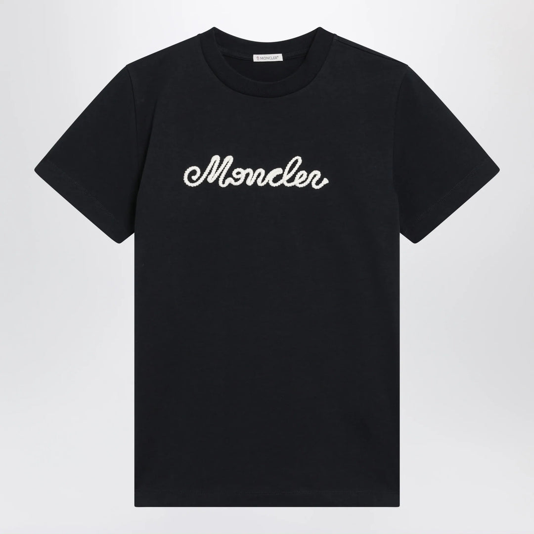 Moncler - Navy blue T-shirt with logo embroidery Brand Apparel & Accessories > Clothing > Shirts & Tops S
