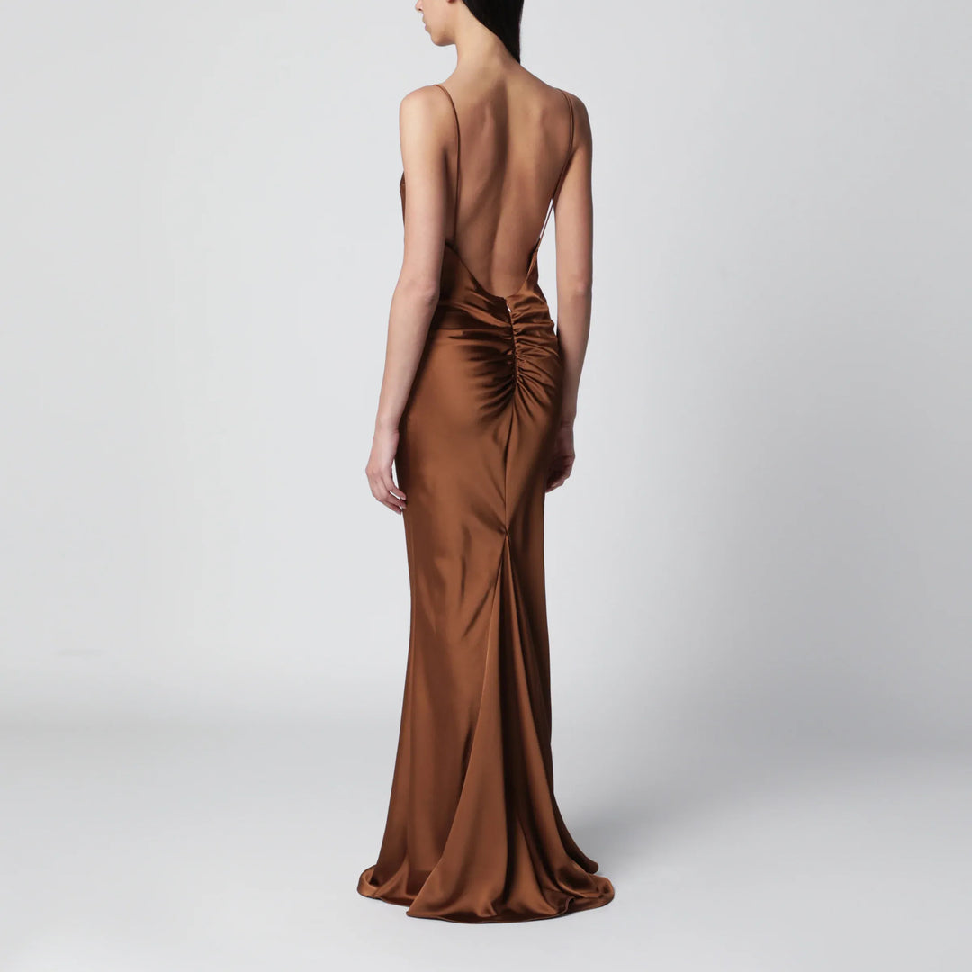 THE ANDAMANE - Ninfea maxi sleeveless dress with ruffles in bronze polyester Brand Apparel &amp; Accessories