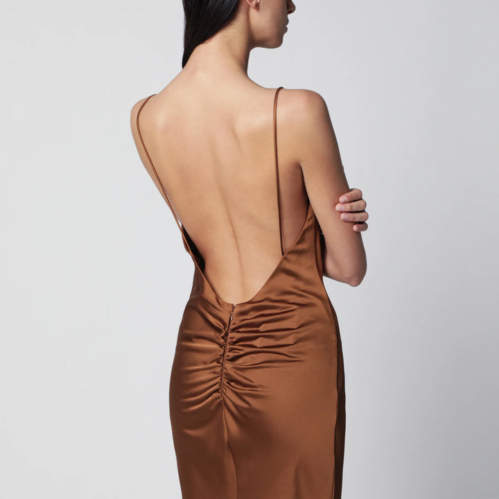 THE ANDAMANE - Ninfea maxi sleeveless dress with ruffles in bronze polyester Brand Apparel &amp; Accessories