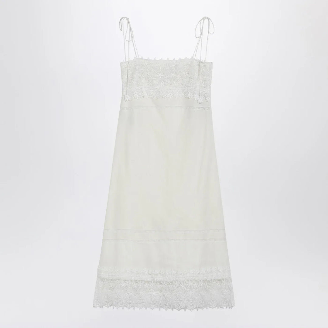 Valentino - Ivory linen midi dress with Sangallo embroidery Brand Apparel &amp; Accessories 40  IT