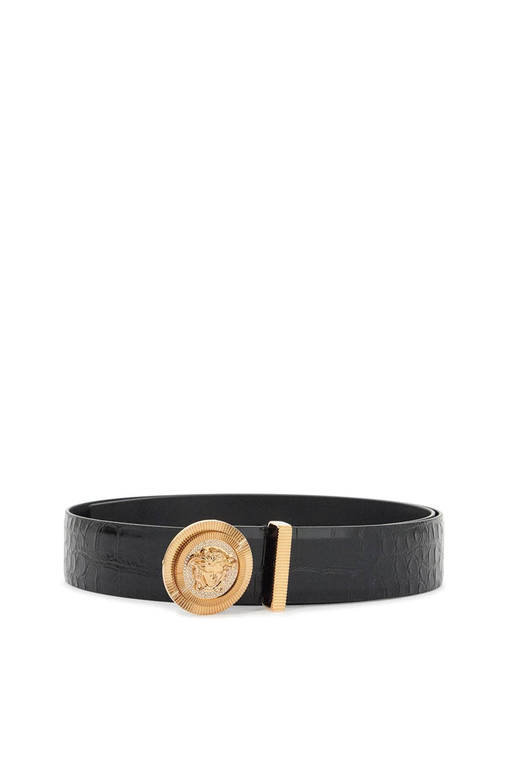 Versace Belts Versace Black Embossed Crocodile Calfskin Belt With Rhinestones 40mm Versace Black Embossed Crocodile Calfskin Belt With Rhinestones 40mm Brand