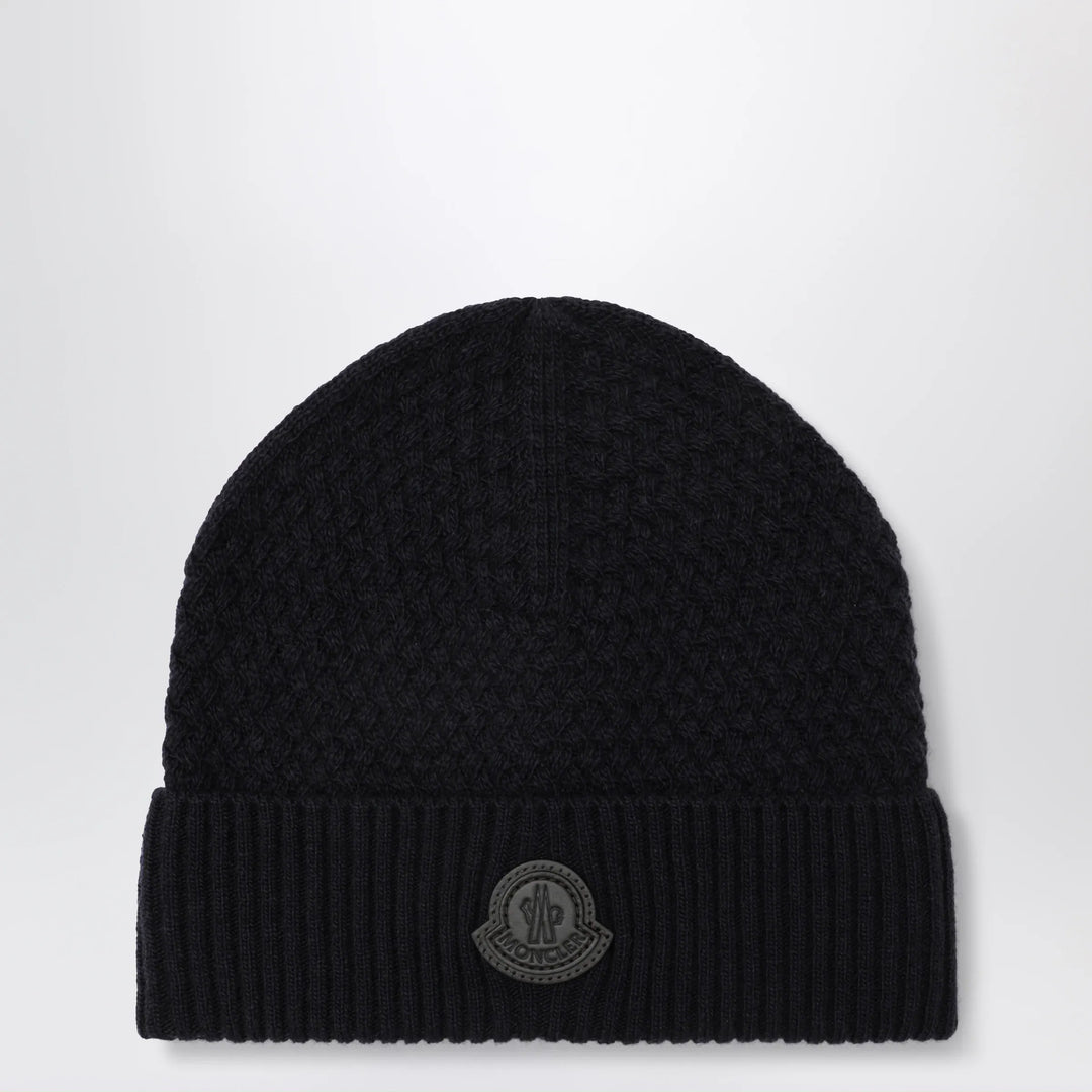 Moncler - Navy blue wool beanie with logo patch Brand Hats U