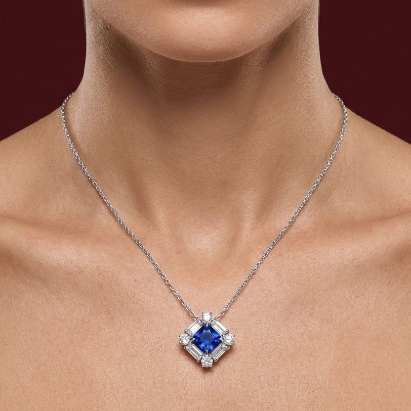LEIBISH 0.66ct Round Blue Sapphire & Baguette Diamond Pendant Brand Necklace
