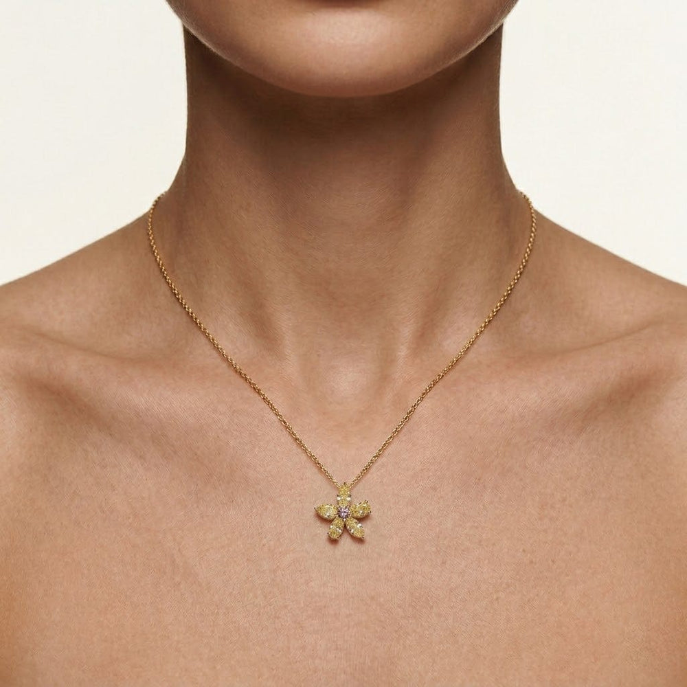 LEIBISH 1.19ct Fancy Yellow & Orangy Pink Diamond Floral Pendant Brand Necklace