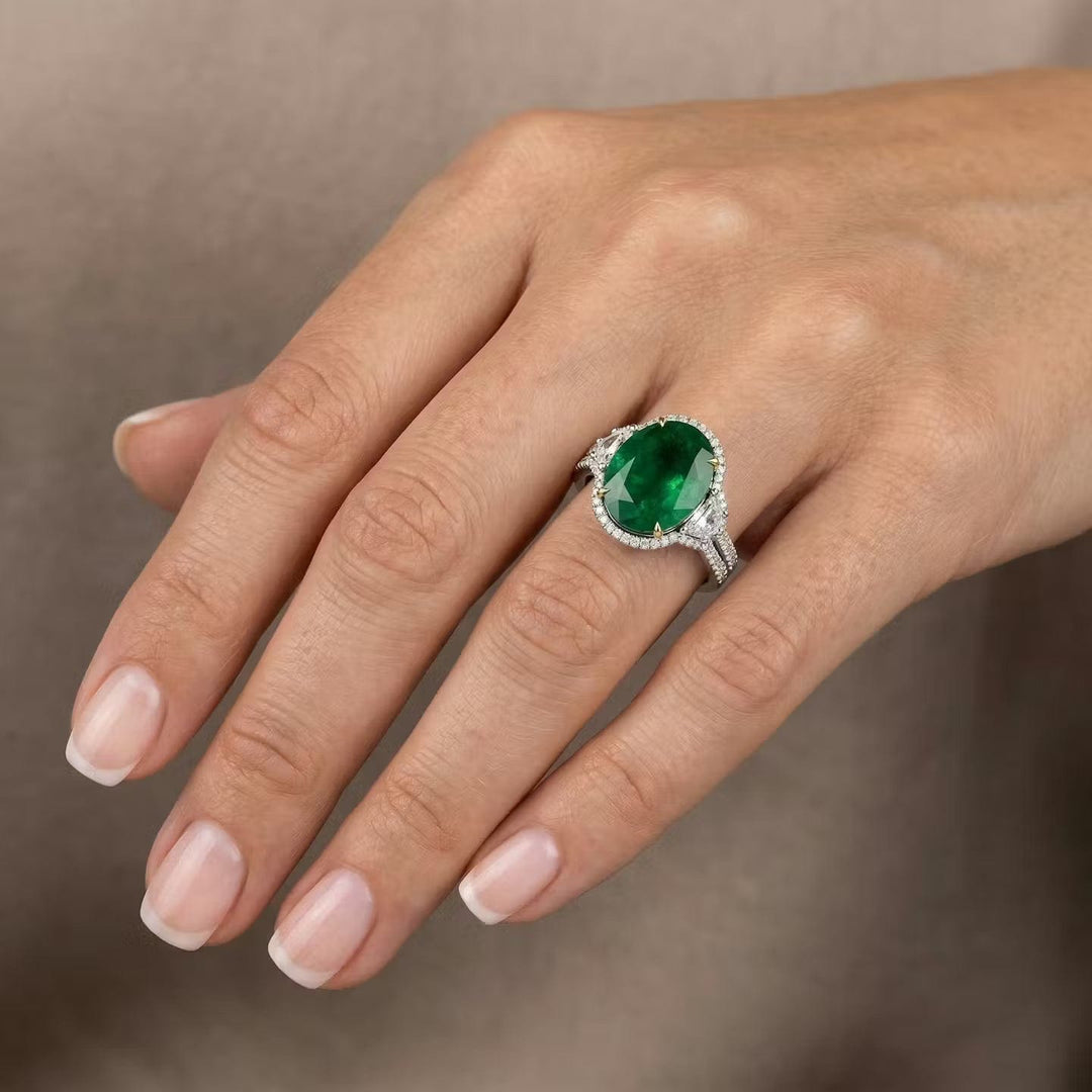 LEIBISH Muzo Emerald &amp; Cadillac Diamond Three-Stone Halo Ring Brand Ring