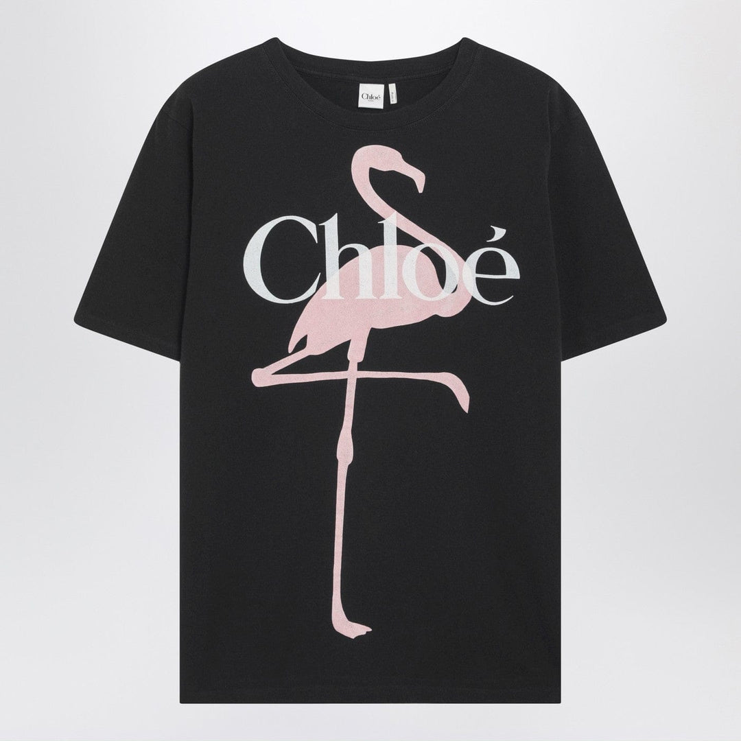 Shirts &amp; Tops Black oversized T-shirt with logo and flamingo print Brand