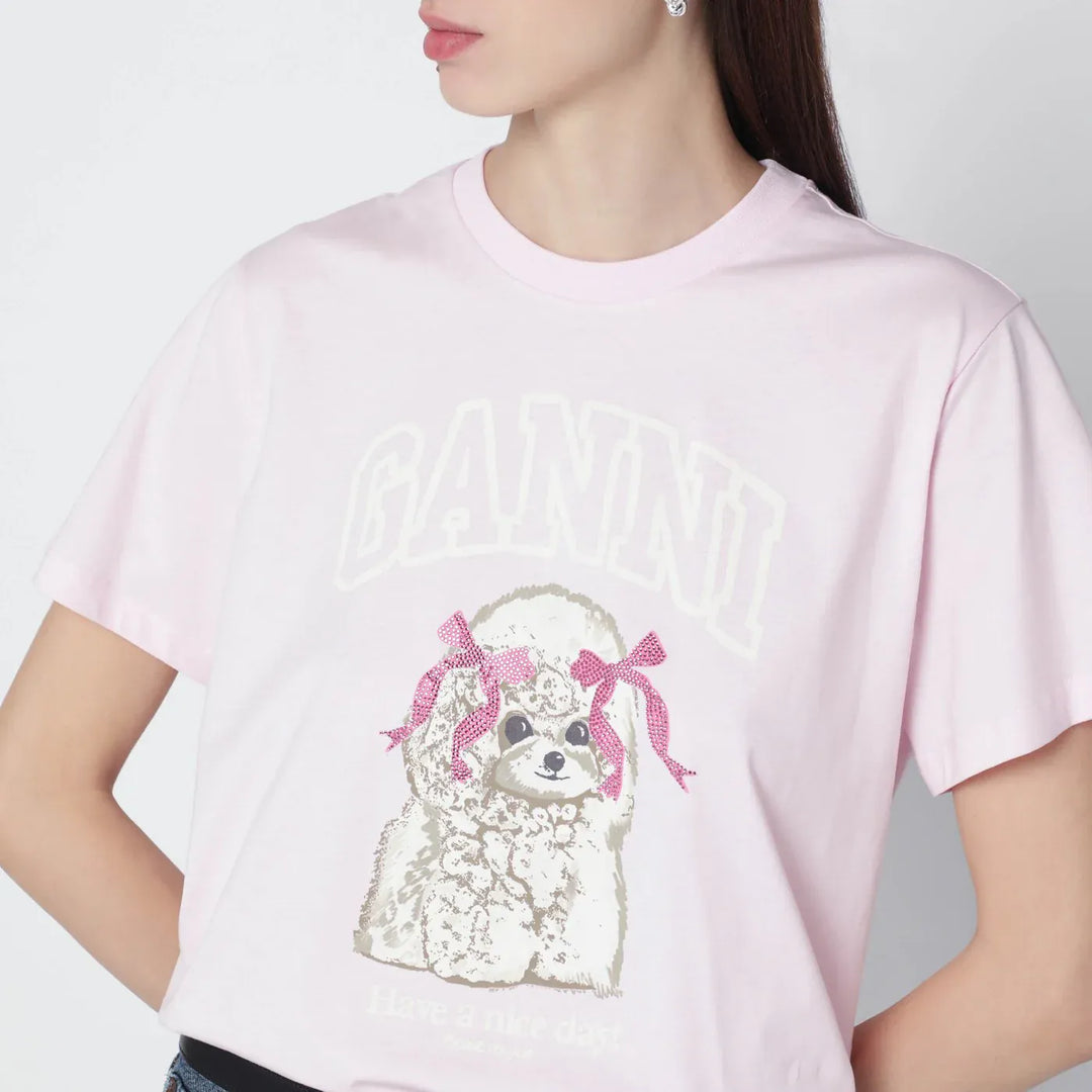 GANNI - Light pink T-shirt with logo print Brand Shirts &amp; Tops