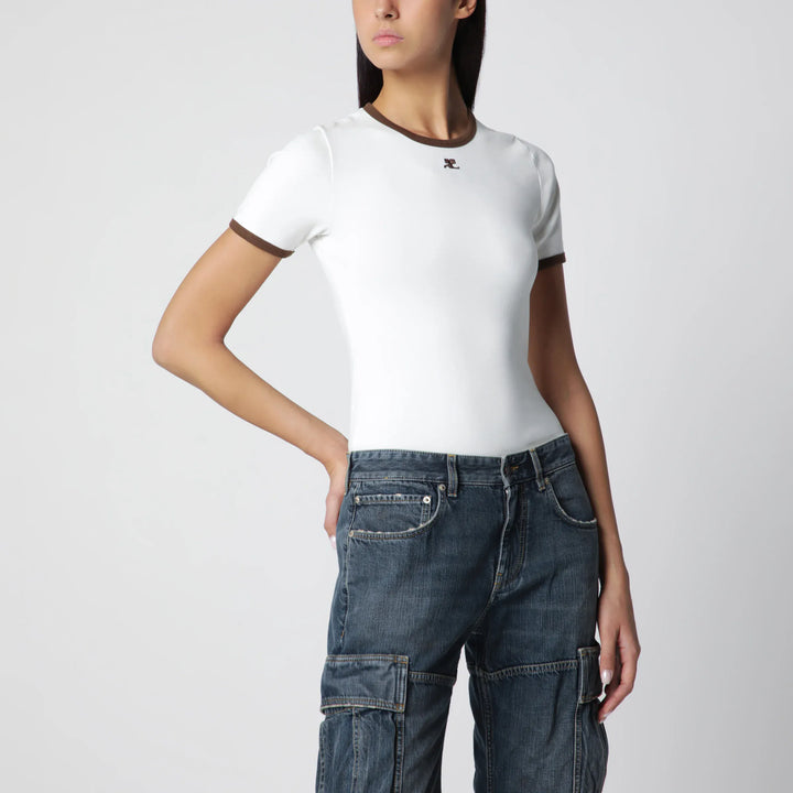 Courrèges - White/Brown cotton T-shirt with contrast crew neck Brand T-Shirt