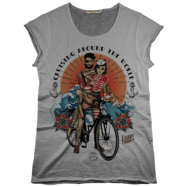 Vintabros T-shirt S / Grey Vintabros Cruising the World Cotton Women T-shirt Raw Cut Brand