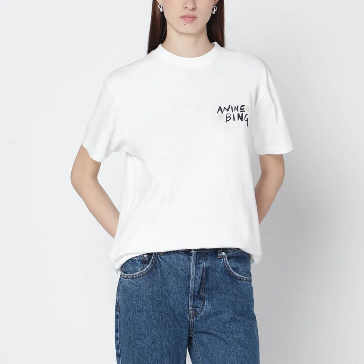 ANINE BING - Ivory T-shirt with logo print Brand T-Shirts XS