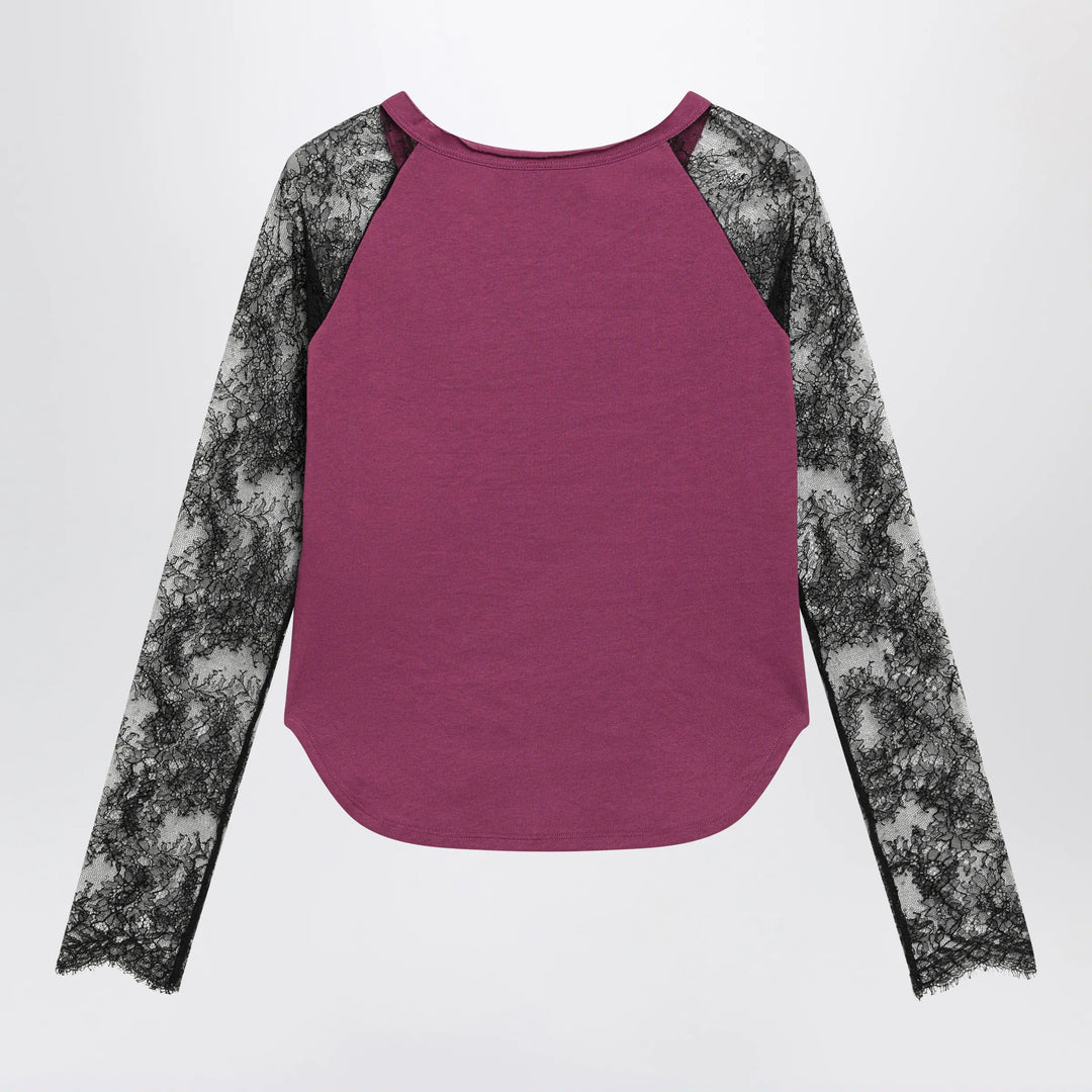 Valentino - Cyclamen Panther 60 T-shirt with black lace sleeves Brand