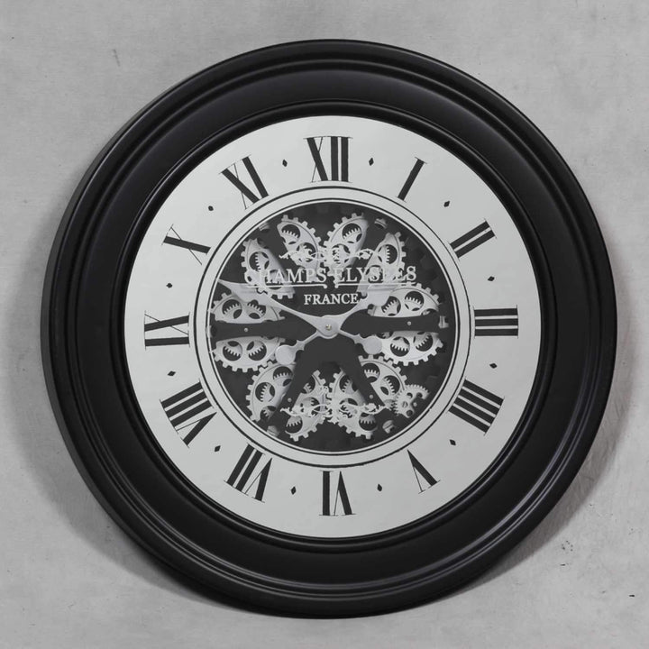 Chilli Wall Clock Miro' Round 80cm French Mirrored Moving Cogs Wall Clock - Black W/Silver Brand