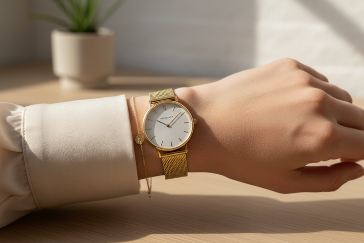 Nordgreen Native 28mm Gold Mesh Dress Watch worn on wrist, luxury lifestyle editorial