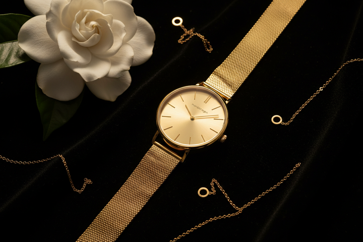 Nordgreen Native 28mm Gold Chain Crystal Dial watch flat lay on dark velvet with white gardenia