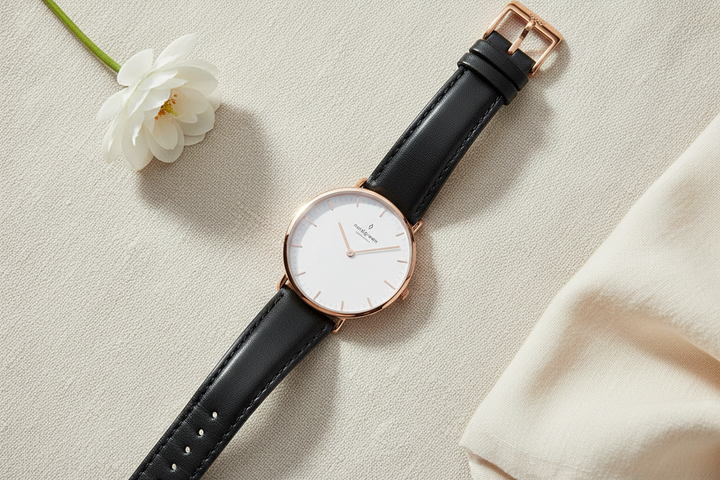 Nordgreen Native Rose Gold Black Leather Flat Lay Lifestyle